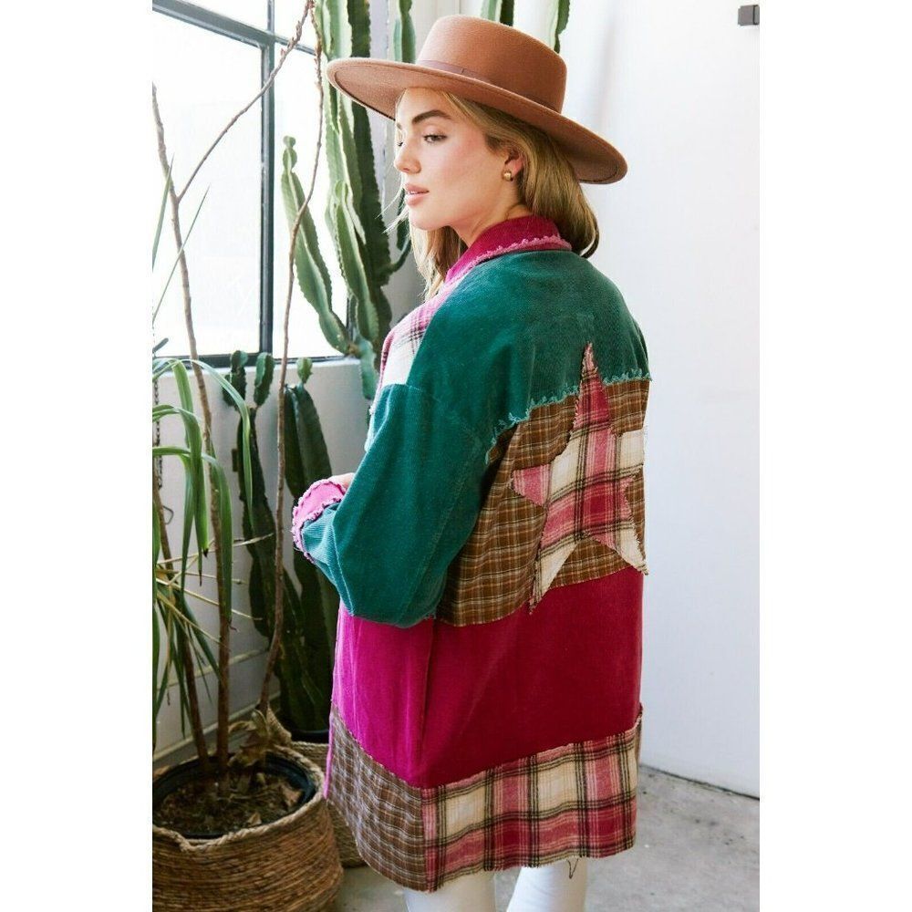 Fantastic Fawn Plaid Corduroy Button Down Longline Shacket IFJ63444-02 - Picture 6 of 10
